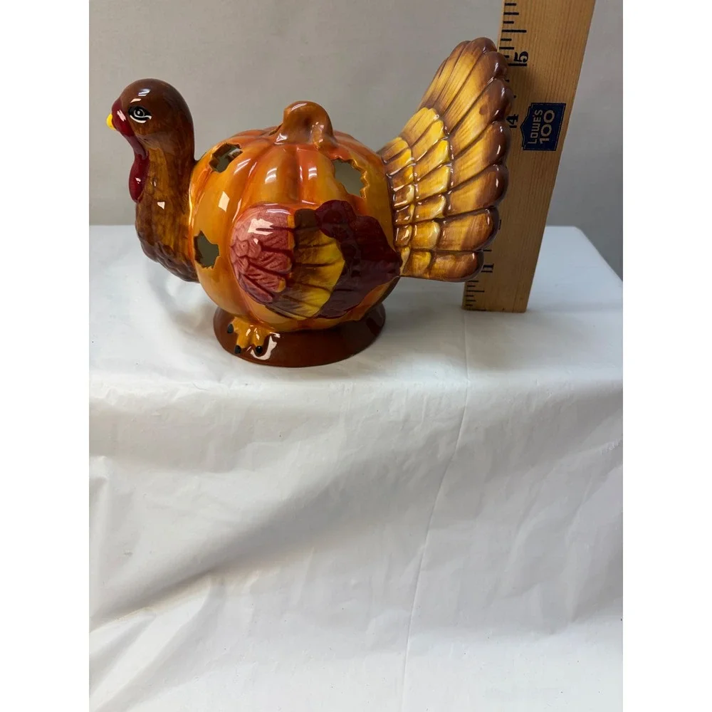 Ceramic Turkey Pumpkin Candle Holder Thanksgiving Autumn Luminary Decor Brown